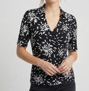 Merona Womens Medium Pullover Wrap Collared Top Short Sleeve Black White Print